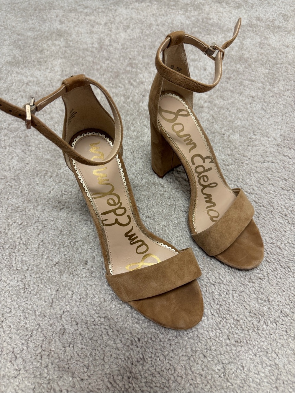 Sam Edelman Cognac Suede Block Heel Sandals with Ankle Strap